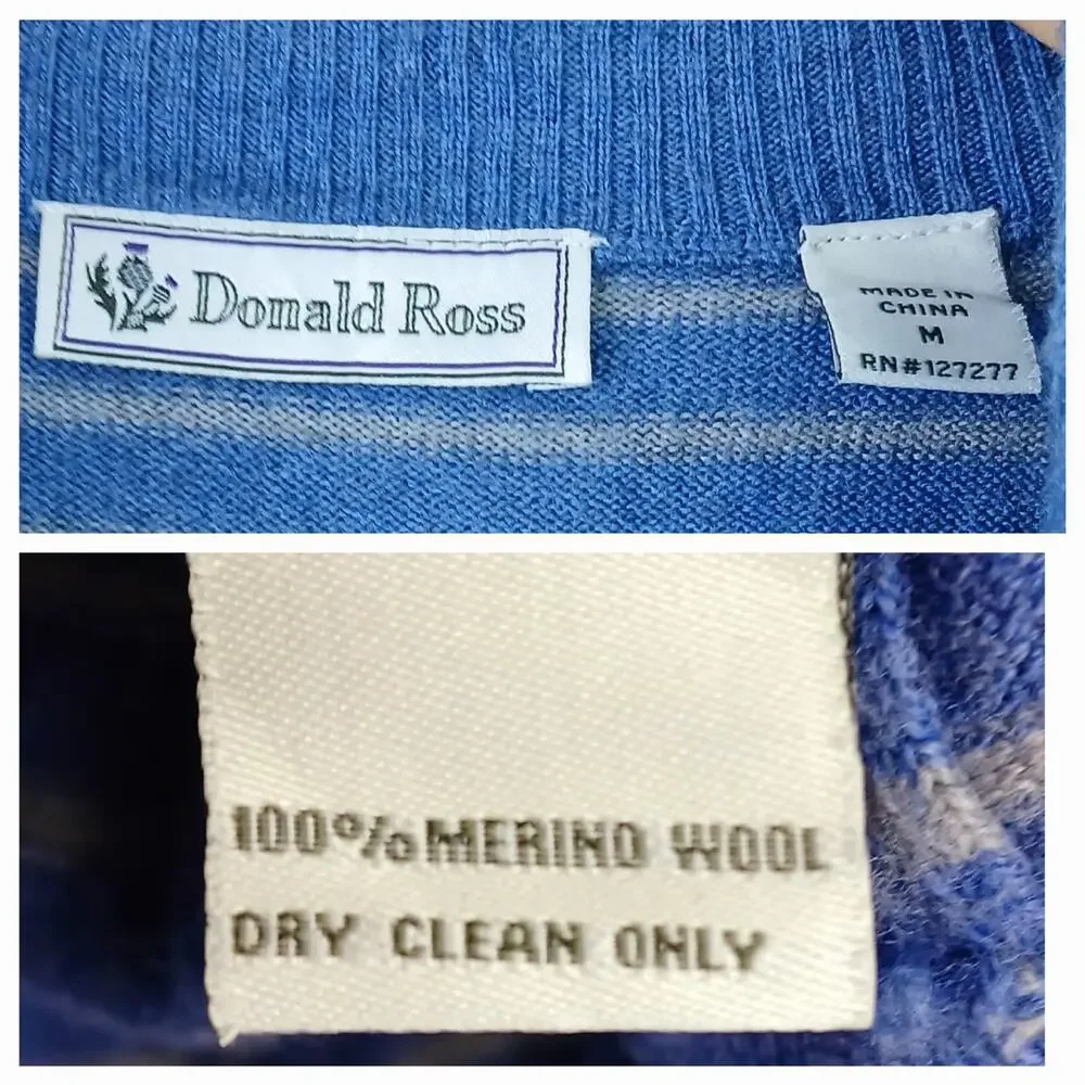 Donald Ross Men's SZ M 100% Merino Wool Blue Gray Striped 1/4 Zip Sweater - Picture 6 of 6